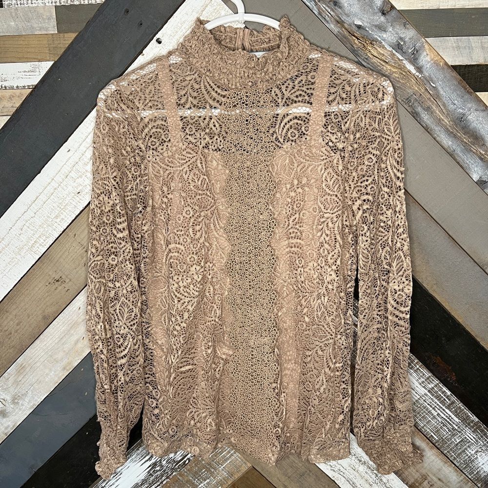Cable & Gauge Tan Long Sleeve Embellished Blouse